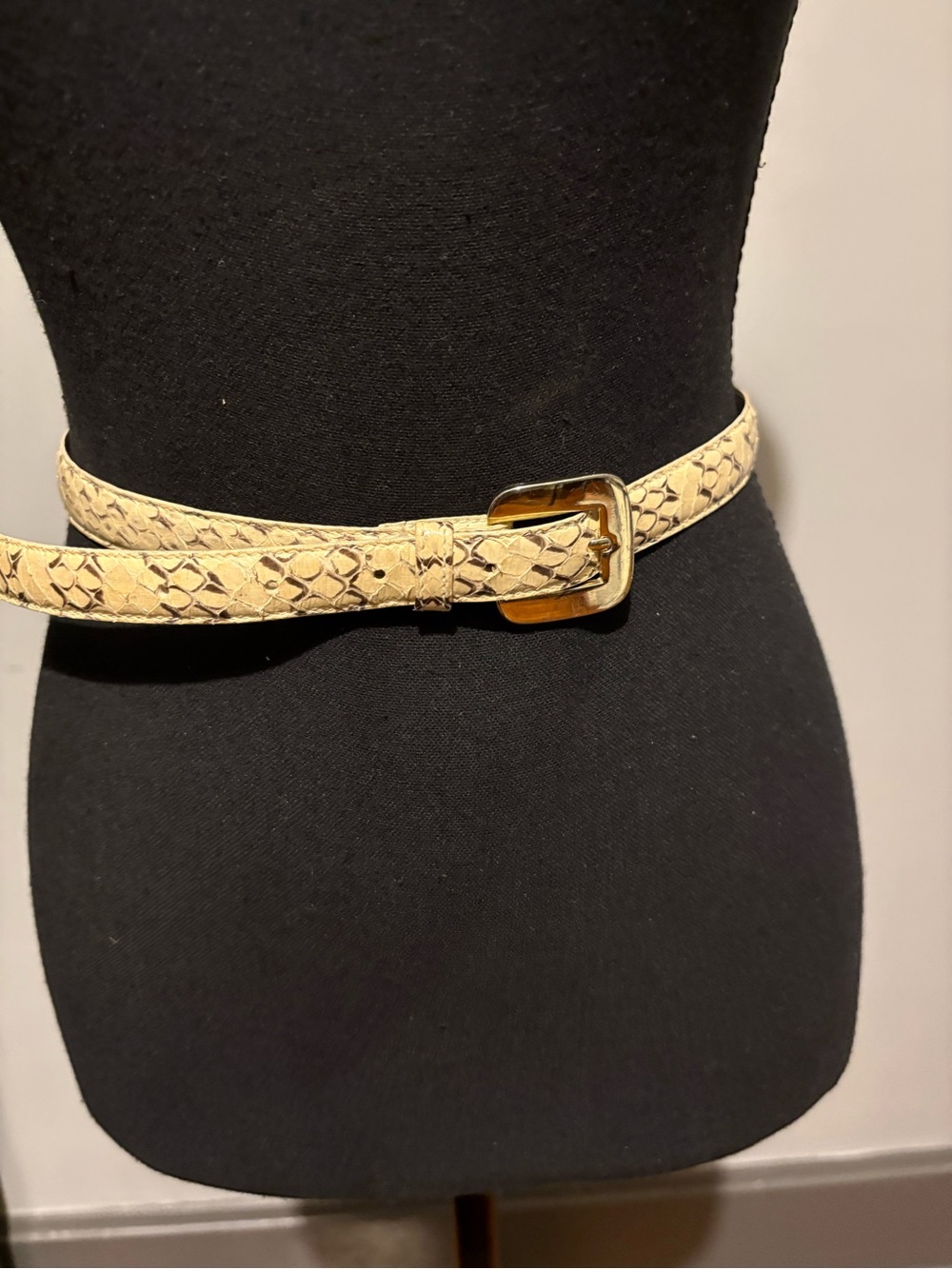 Textured Beige Snake-Embossed Belt with Brass Buckle. Size Large.